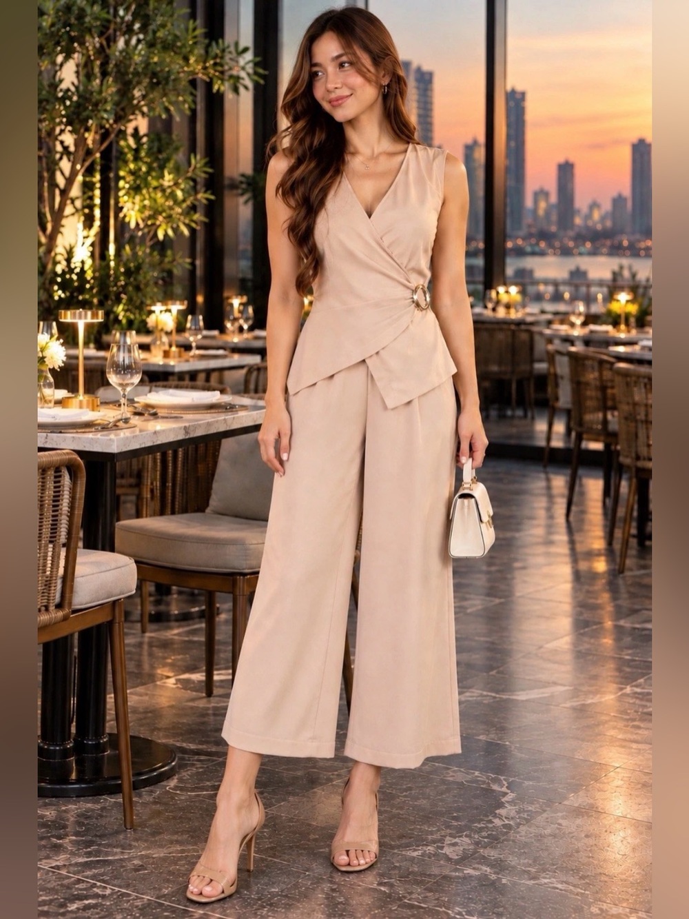 🔥🔥Zara Sleeveless Beige Wrap Jumpsuit with Wide Leg